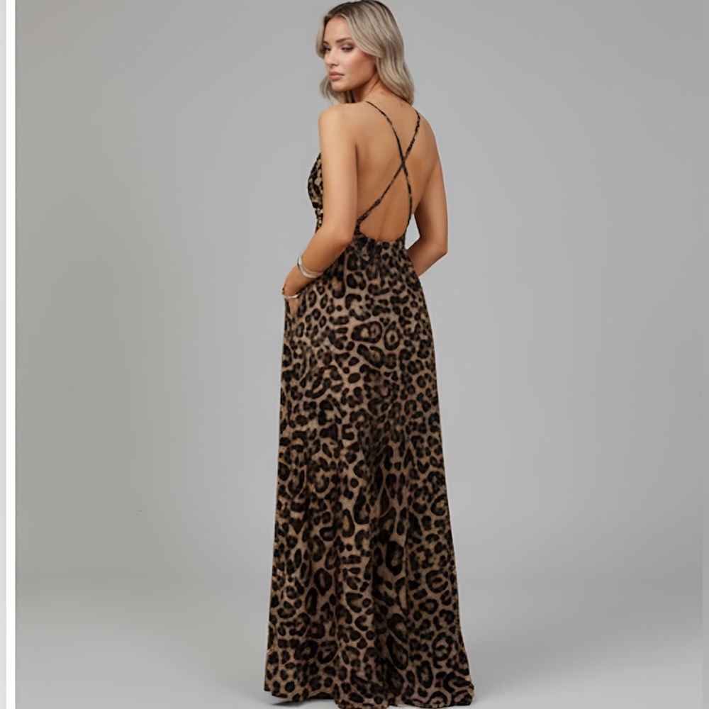 Plunging Neck Crisscross Open Back Leopard Dress - Picture 7 of 13